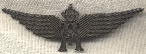 Rare WWI Model 1918 Belgian Pilot Wing in Plated White Metal