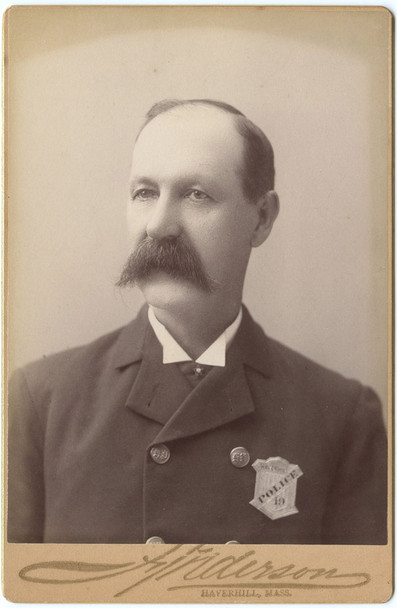 1890s Haverhill, MA Policeman Cabinet Photo Showing #19 Radiator Badge