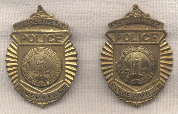 Pair 1940s Somerville, Massachusetts Police Pistol Instructor Badges with Period Article