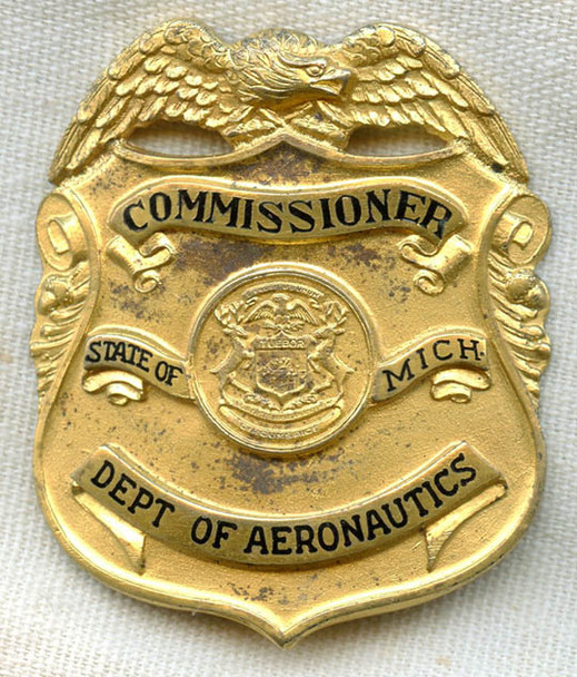 Early 1930s Gilt Sterling Michigan Dept of Aeronautics Commissioner Badge by Weyhing Bros.