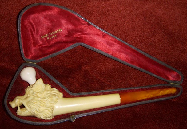 Beautiful Circa 1890s Carved Meerschaum & Amber Boar's Head Pipe in Original Case
