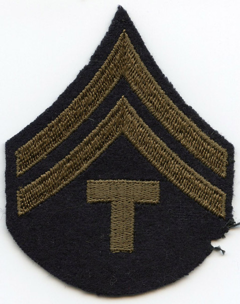 Single WWII US Army Rank Stripes for Technician 5th Grade Olive Drab Open Embroidery on Wool