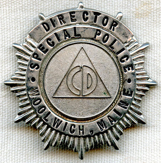 1950's Director of Civil Defense, Woolwich, Maine, Special Police Badge
