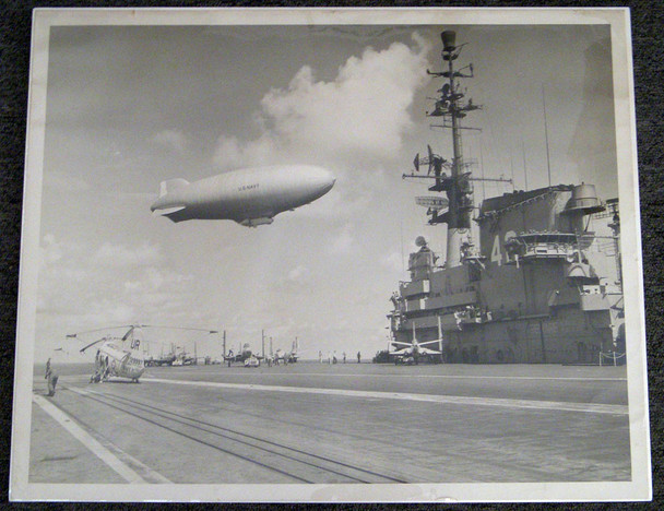 Huge (11"x17") 1956 Photo of USS F.D.R. (CVA-42) Flight Deck with Blimp, Helicopter & Jets