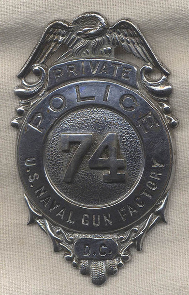 Shiny WWII Washington, DC Naval Gun Factory Police Badge<p> NO LONGER AVAILABLE