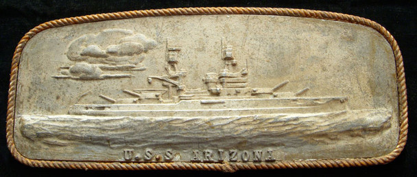 USS Arizona Aluminum Souvenir Plaque Made Shipboard Pre-Pearl Harbor