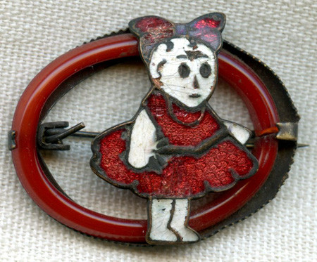 1920s Little Girl Pin Brooch Made of Enameled Brass & Glass Made in Czechoslovakia