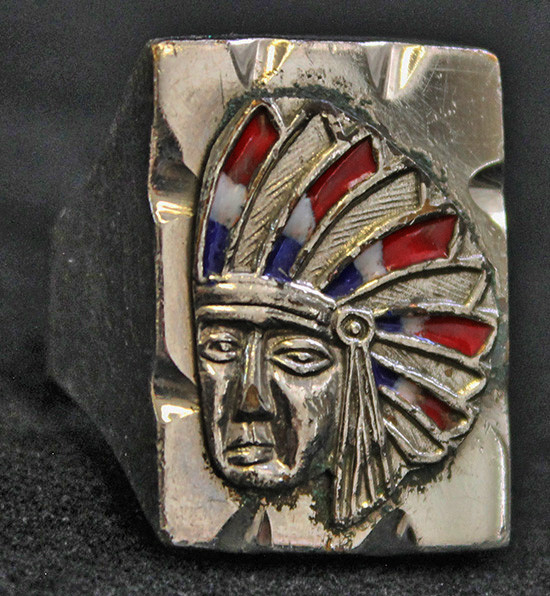 Very Cool Vintage Mexican Biker Ring w/ Unusual Red, White, & Blue Enameled Native Headdress