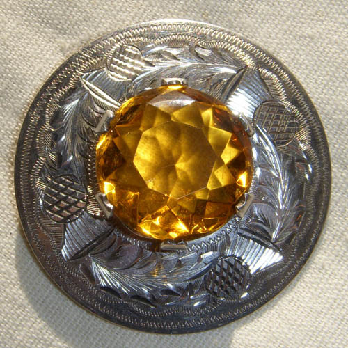 1954-1955 Marked Sterling Silver Scottish Brooch with Large Smoky Quartz Topaz