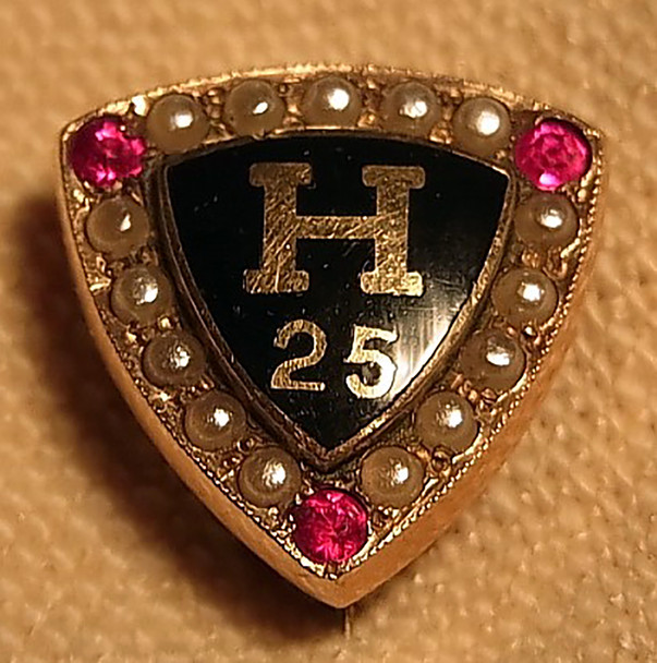 Harvard (?) 25th Anniversary Pin in 10K Gold with Pearls & Rubies