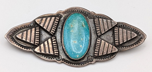 Beautiful Large 1930s Fred Harvey Type Silver Brooch with Low Grade Blue Gem Turquoise