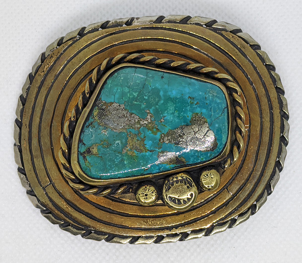 Gorgeous 1970s Navajo Belt Buckle with LARGE Blue Gem Turquoise w/Pyrite set in hand wrought Copper,
