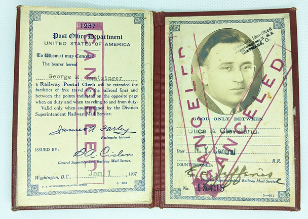 Rare 1937's US Post Office Dept. Railway Mail Service Postal Clerk Credentials.