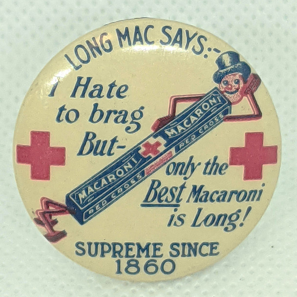 Beautiful 1920s Red Cross Macaroni Advertising Celluloid Pin by Parisian Novelty Chicago