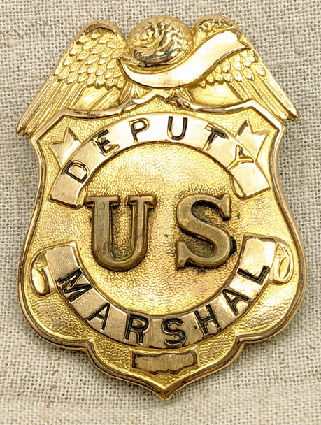 Great Old Ca 1900 Deputy US Marshal Eagle Top Shield Badge in Gold Plated Brass