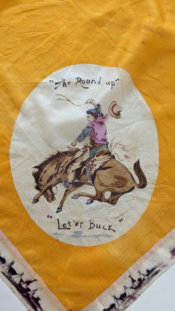 Beautiful 1910s Silk Cowboy Neckerchief The Round Up Let Er Buck with Bronco Rider