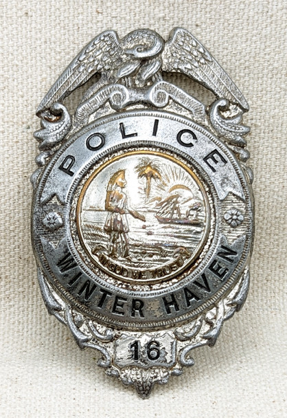 Ca 1942 Winter Haven FL Police Badge #16 in War Shortages Nickel Plated Steel