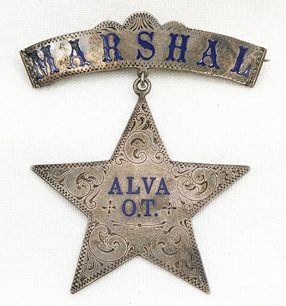 Wonderful 1890s ALVA OKLAHOMA TERRITORY City Marshal Enameled Silver Suspension Badge