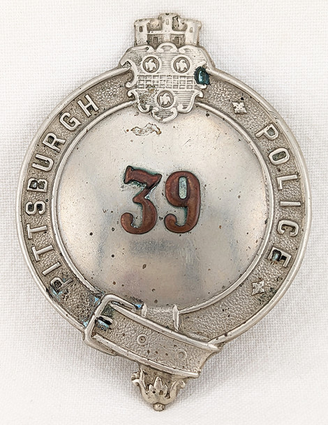 Beautiful 1920s Pittsburgh PA Police Badge #39 in Nickel with Copper Numbers