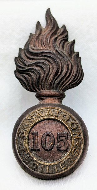 Rare ca 1914 105th Saskatoon Fusiliers LARGE Officer Busby Badge by Hicks & Sons