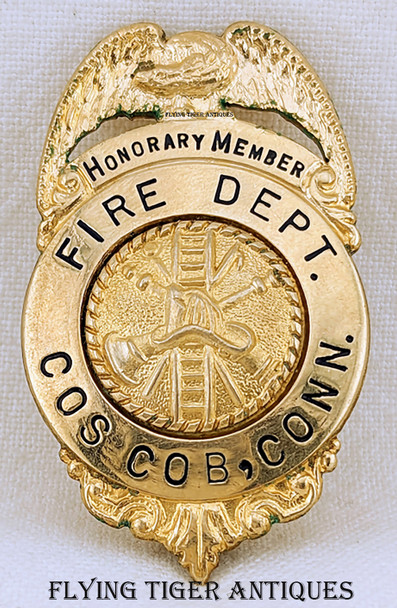 1940s-50s Cos Cob CT Fire Dept Honorary Member Badge in Gold Fill from Samuel F. Pryor Jr. Estate