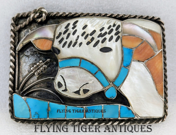 Zuni Silver & MP, Spiny Oyster & Sleeping Beauty Gentle Bull Motif Buckle by Helen & Lincoln Zuni