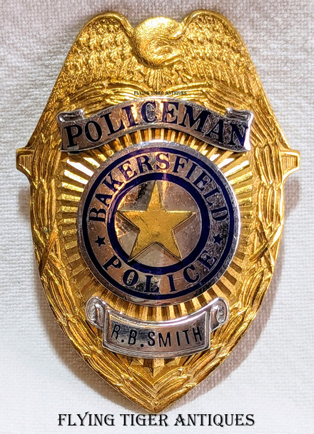 Beautiful ca 1930 Bakersfield CA Police Policeman Badge of R.B. Smith Shirt Size with Riveted Panels