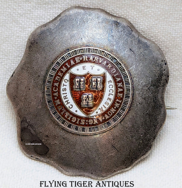 Gorgeous Old 1880s Large Harvard University Seal Brooch in enameled Sterling Silver