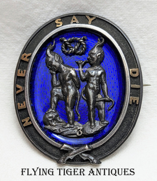 Stunning, Jeweler Made mid-19th C. Large Unknown Secret Society Badge "Never Say Die" in Silver