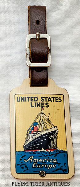 Beautiful 1920s United States Lines Steamships Celluloid Baggage Tag w Leather Strap