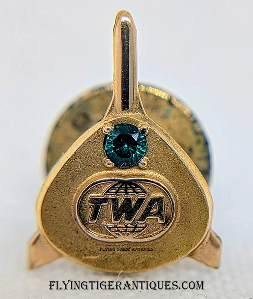 circa 1960’s TWA 20 Years of Service pin in Gold Fill. The pin is uniquely shaped, almost suggesting a rocket ship