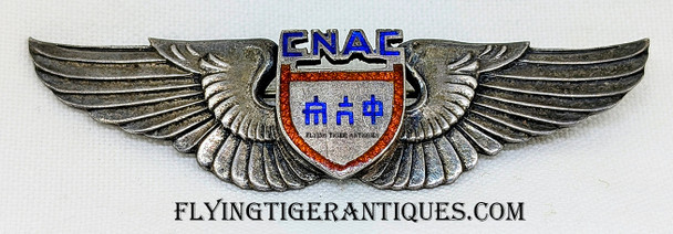 Iconic, Rare, Early WWII CNAC Full Size 3” Pilot Wing in Enameled Silver Pictured in Maguire’s Silver & Wings & Leather Jackets