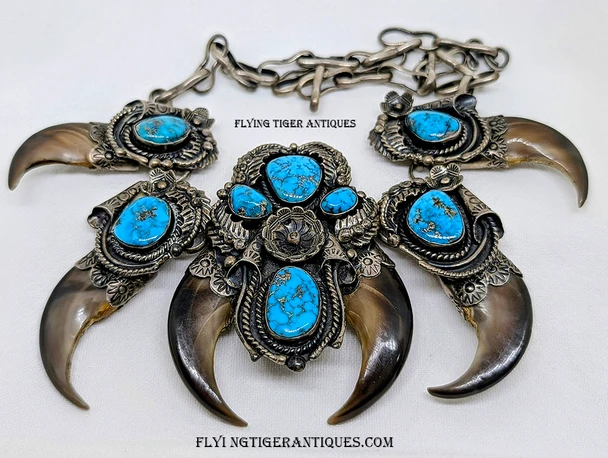 Stunning 1970’s Navajo Silver & High Grade Carico Lake Turquoise Bear Claw Necklace by Ervin Hoskie