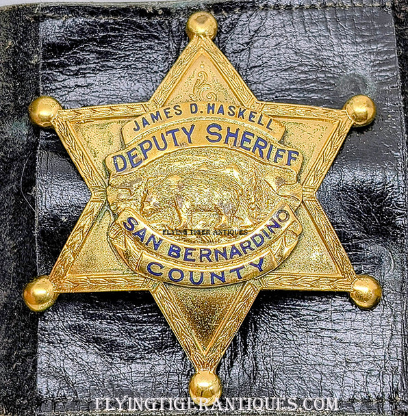 Beautiful 1930’s San Bernardino County California Deputy Sheriff Badge of James D. Haskell by Entenmann in a Schenck Carry Case