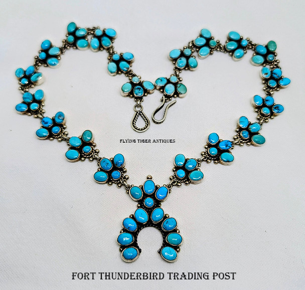 Gorgeous 1980’s – 1990’s Southwest Silver & Sleeping Beauty Turquoise Mini Squash Blossom Type necklace by Federico Jimenez