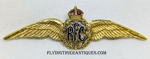 Gorgeous WWI circa 1917 RFC royal Flying Corps 14K Gold Sweetheart Wing with 2 Rubies, and 10 Diamonds, & Blue Enamel
