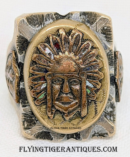 Cool Large Heavy 1950's Indian Chief Mexican Biker Ring Size 11.25