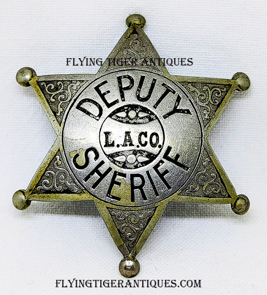 Wonderful 1900’s – Early 1910’s Los Angeles County California Deputy Sheriff “Baseball” 6-point Round Tip Star Badge by LARSCO with Cartouche Mark