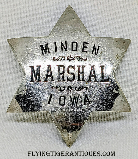 Great Old 1880s – 1890s Minden Iowa Marshal 6-Point Star Badge in Nickel Plated Nickel with Hand Stamped Lettering