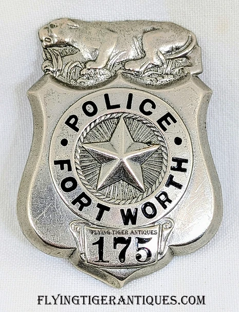 Wonderful circa 1912 Fort Worth Police Badge # 175 by Robbins First Run of the Iconic Panther Top Badge