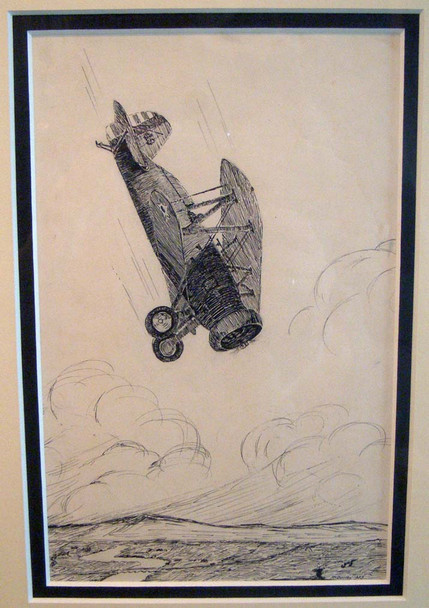 Beautiful Framed 1933 Dated Pen & Ink of 1930s USAC Bi-Plane Signed McQuillan