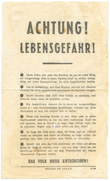 WWII USAAF Propaganda "Achtung!" Leaflet Dropped on German Troops
