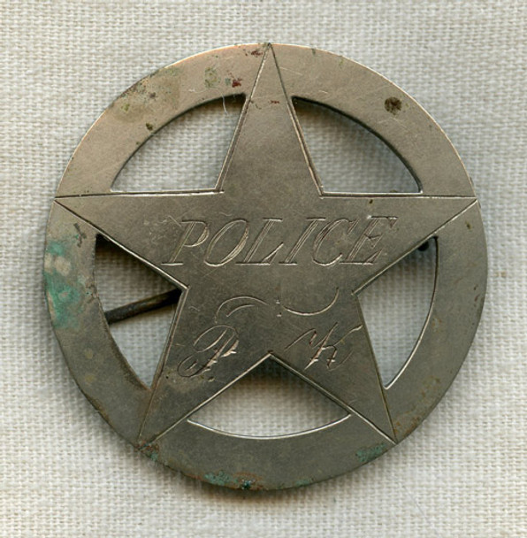 Circa 1870s-1880s Old West Handmade Police Circle Star in Nickel with Initials