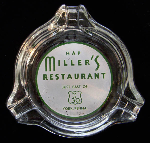 Vintage Deco 1940s Glass Ashtray Advertising Hap Miller's Restaurant, York, Pennsylvania