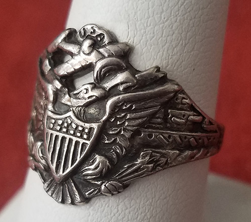 Early WWII Sterling Silver Patriotic Ring with "USA," Eagle, Airplane, Cannon, & Battle Ship sz 8.25