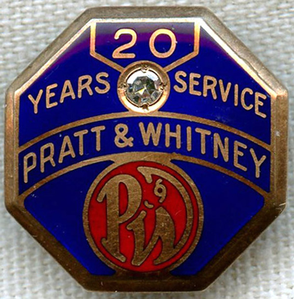 Rare Circa 1945 Pratt & Whitney 20 Years of Service Pin in 10K