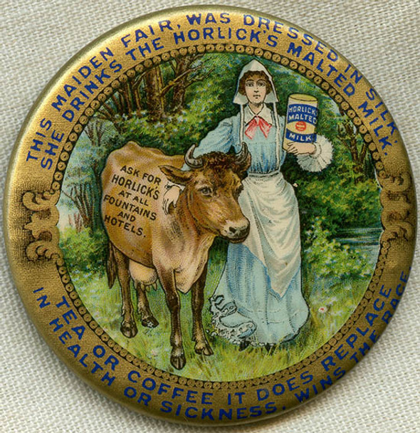 Beautiful Ca. 1910 Horlick's Malted Milk Advertising Celluloid Pocket Mirror. Vibrant Colors