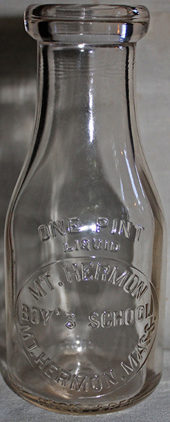 1952 Pint Milk Bottle from Mt. Hermon Boys School - Northfield Mt. Hermon School in Gill, MA