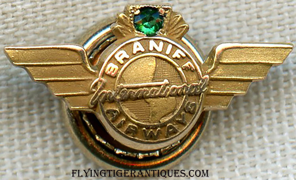 Circa 1950's Braniff International Airways 10K Gold Long Service Pin with Emerald