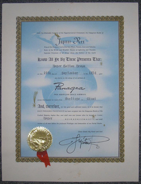 Well-Known Filmmaker Roger Cotton Brown's PANAGRA Equator-Crossing Certificate in Orig. Mailer